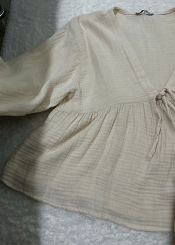 Bej Keten V Yaka Salaş Bluz - Görsel 5