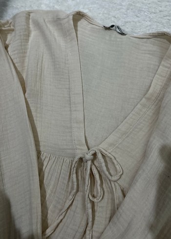 Bej Keten V Yaka Salaş Bluz - Görsel 4