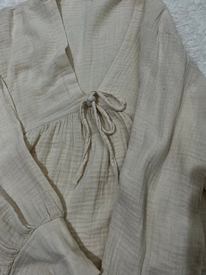 Bej Keten V Yaka Salaş Bluz - Görsel 3