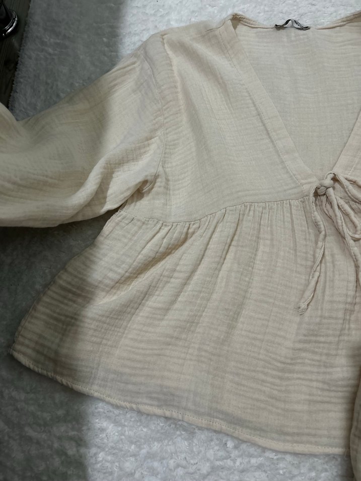 Bej Keten V Yaka Salaş Bluz - Görsel 5