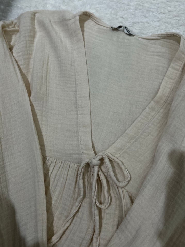 Bej Keten V Yaka Salaş Bluz - Görsel 4