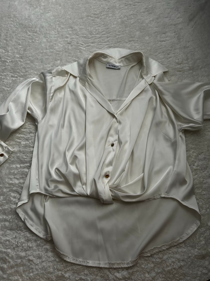 Düğmeli Beyaz Saten Gömlek - Görsel 2