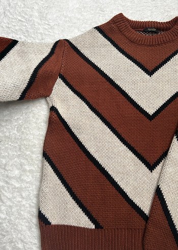 Kadın Kahverengi Çizgili Örgü Kazak - Görsel 3