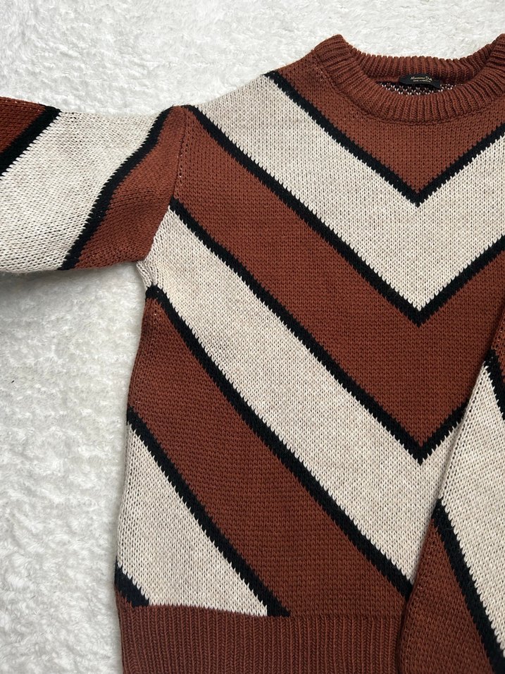 Kadın Kahverengi Çizgili Örgü Kazak - Görsel 3