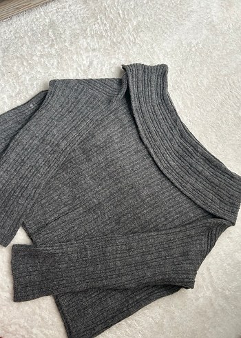 Gri Kadın Triko Kayık Yaka Kazak - Görsel 3