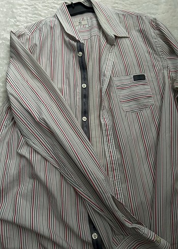 Düğmeli Çizgili Gri Erkek Gömlek - Görsel 5