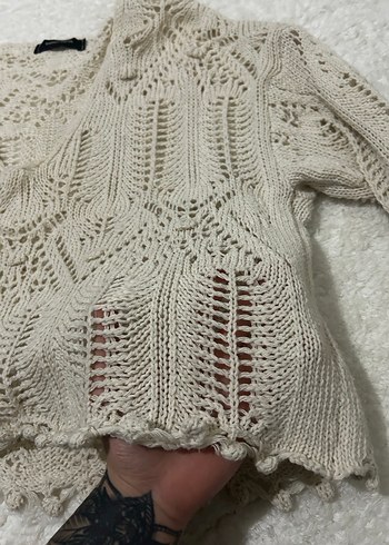 V Yaka Bej Bohem Örgü Kadın Kazak - Görsel 3