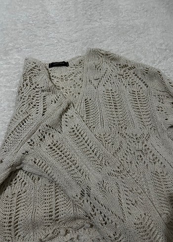 V Yaka Bej Bohem Örgü Kadın Kazak - Görsel 6