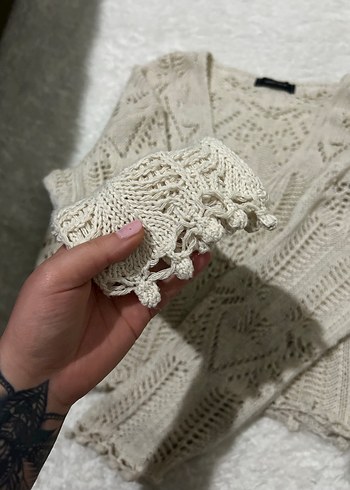 V Yaka Bej Bohem Örgü Kadın Kazak - Görsel 5