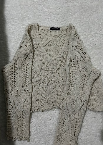 V Yaka Bej Bohem Örgü Kadın Kazak - Görsel 4