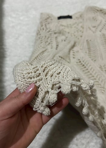 V Yaka Bej Bohem Örgü Kadın Kazak - Görsel 7