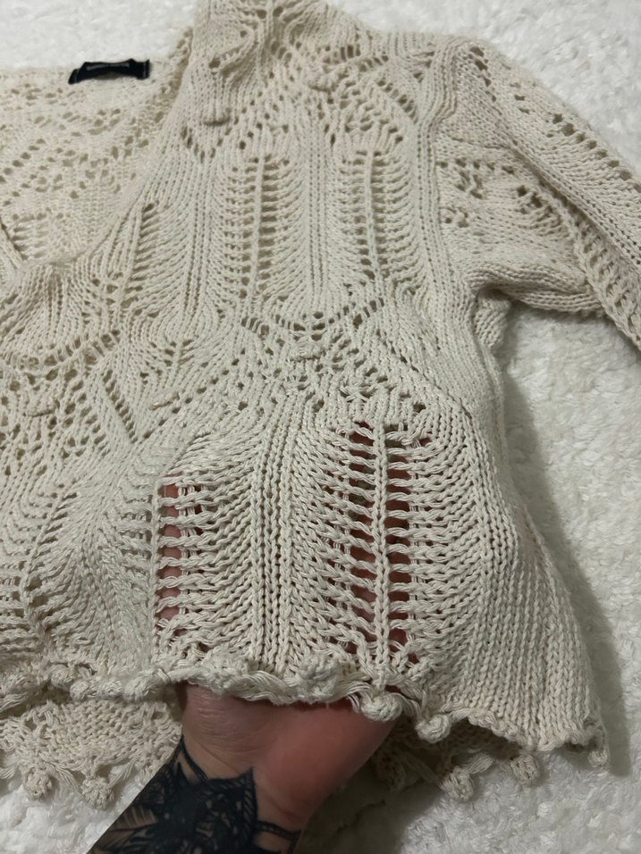 V Yaka Bej Bohem Örgü Kadın Kazak - Görsel 3