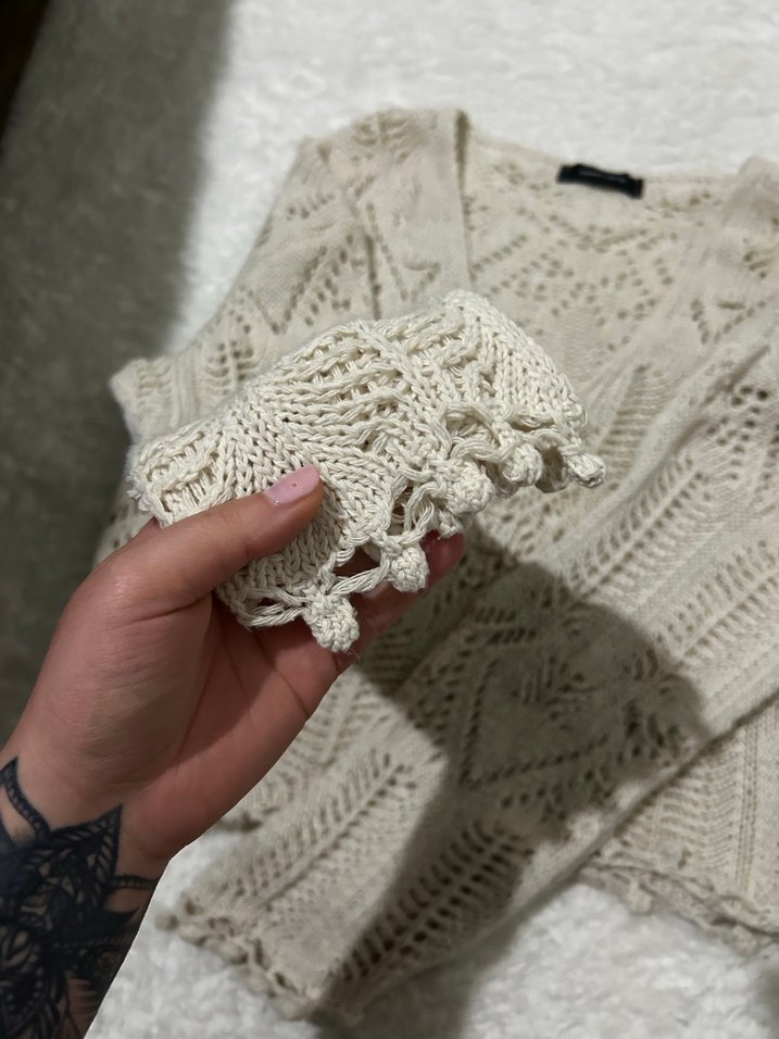 V Yaka Bej Bohem Örgü Kadın Kazak - Görsel 5