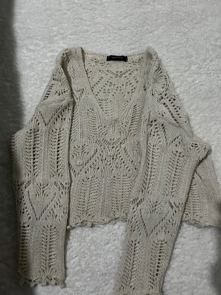 V Yaka Bej Bohem Örgü Kadın Kazak - Görsel 4