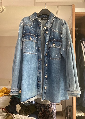 Mavi Tie-Dye Denim Ceket, Düğmeli, Salaş Kesim
