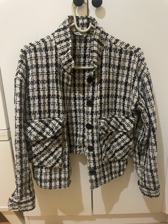 Düğmeli Gri Ekose Kadın Ceket - Görsel 2