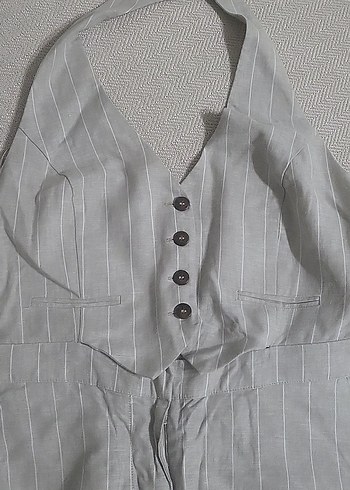 Bej Keten Düğmeli Kadın Tulum - Görsel 2