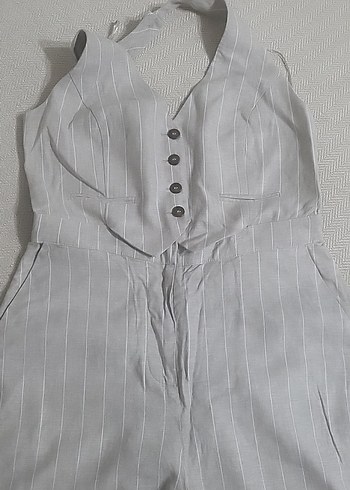 Bej Keten Düğmeli Kadın Tulum - Görsel 4