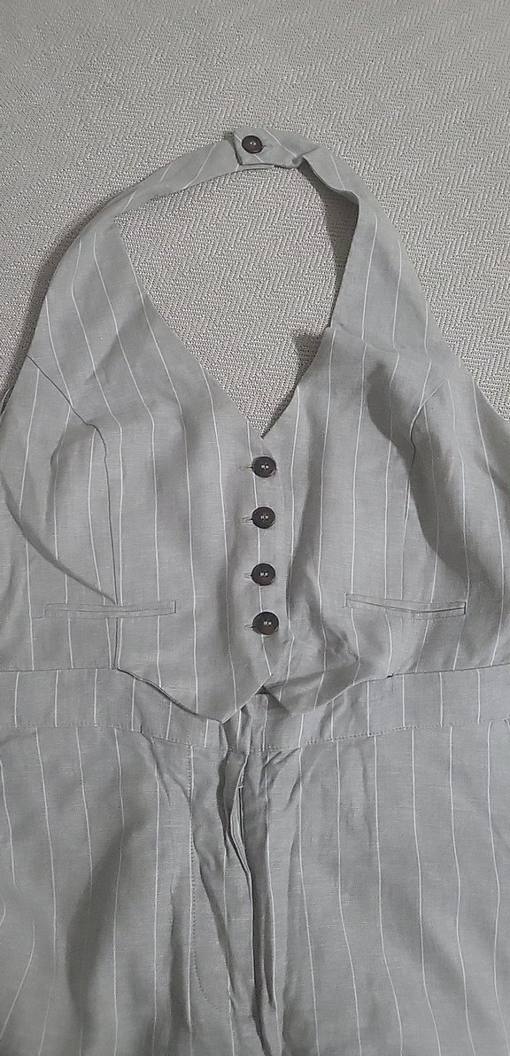 Bej Keten Düğmeli Kadın Tulum - Görsel 2