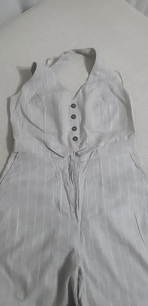 Bej Keten Düğmeli Kadın Tulum - Görsel 4