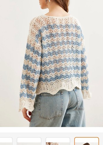 Mavi Beyaz Örgü Bohem Kadın Kazak - Görsel 2