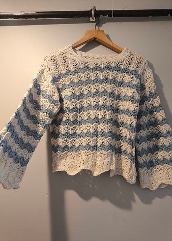Mavi Beyaz Örgü Bohem Kadın Kazak - Görsel 3