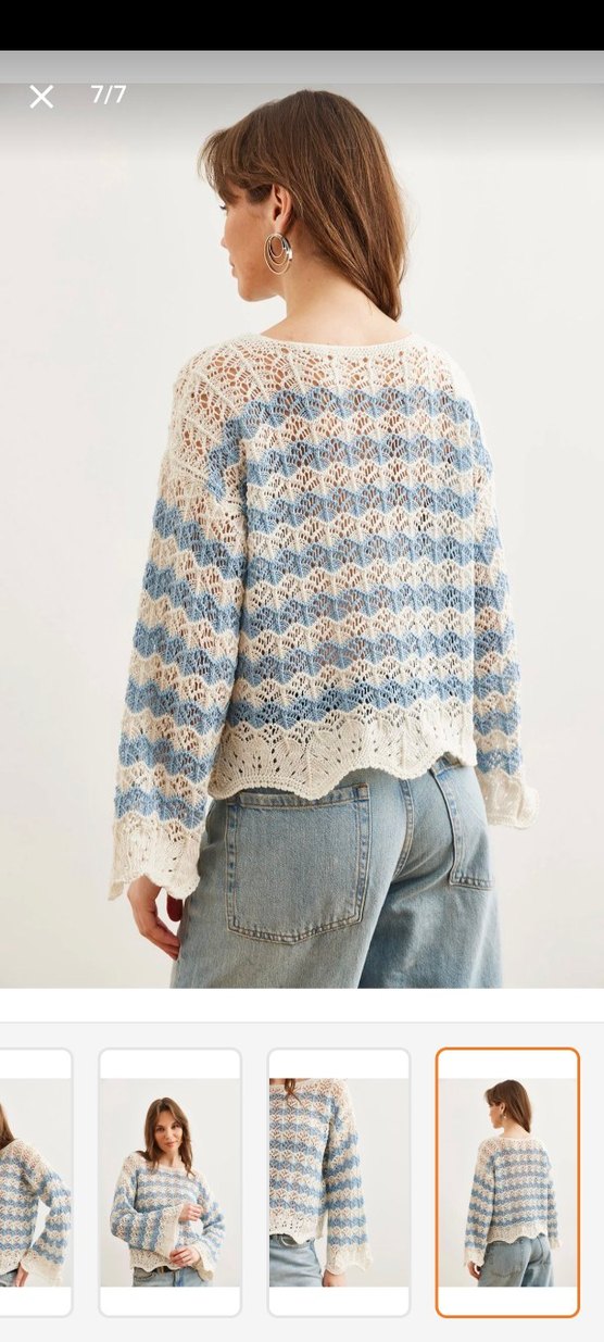 Mavi Beyaz Örgü Bohem Kadın Kazak - Görsel 2