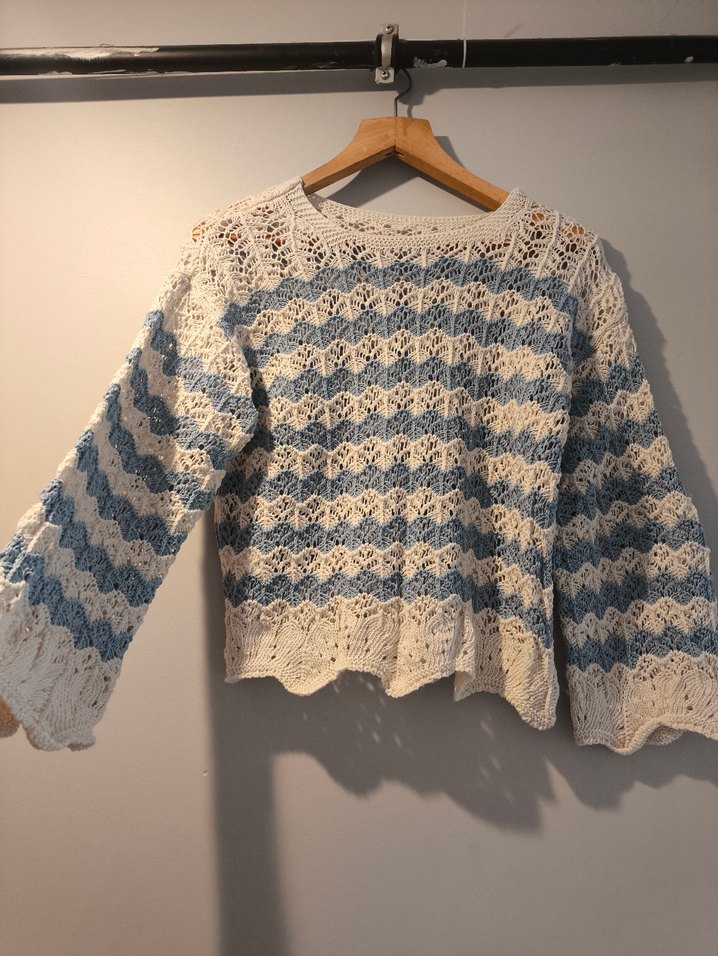 Mavi Beyaz Örgü Bohem Kadın Kazak - Görsel 3