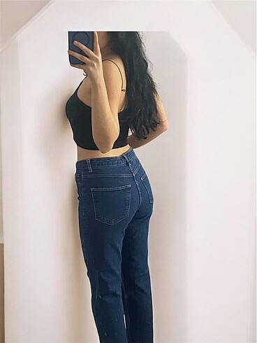 Koyu mavi Mom jean