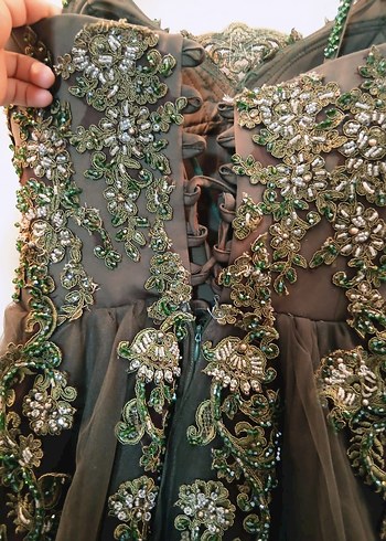 İşlemeli V Yaka Uzun Haki Abiye Elbise - Görsel 5