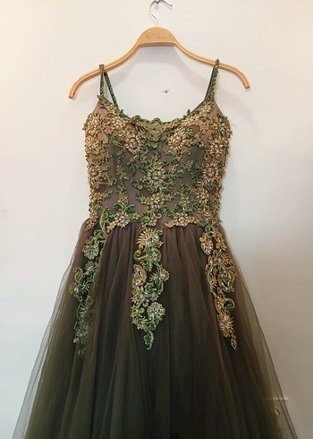 İşlemeli V Yaka Uzun Haki Abiye Elbise - Görsel 3