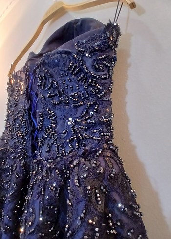 Drapeli Nakışlı Lacivert Uzun Abiye - Görsel 6