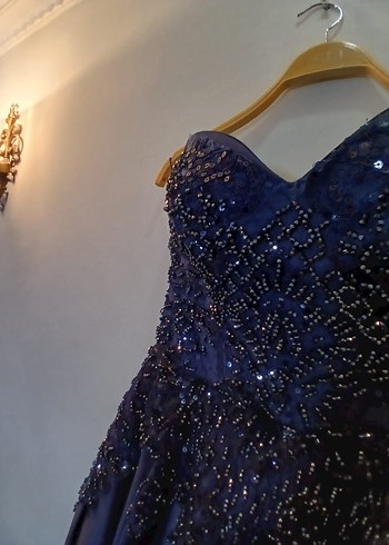 Drapeli Nakışlı Lacivert Uzun Abiye - Görsel 3