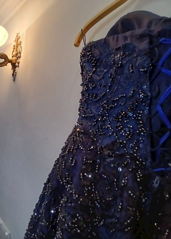 Drapeli Nakışlı Lacivert Uzun Abiye - Görsel 8