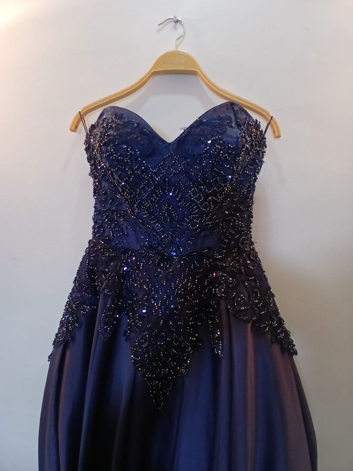 Drapeli Nakışlı Lacivert Uzun Abiye - Görsel 4