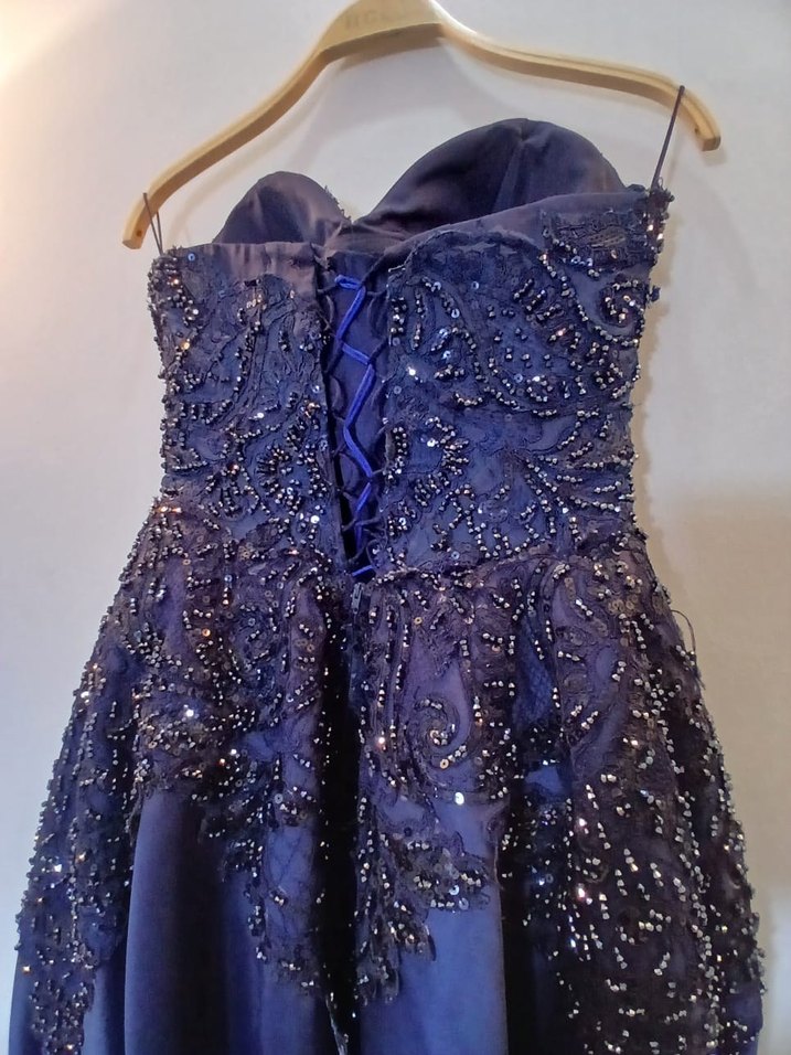 Drapeli Nakışlı Lacivert Uzun Abiye - Görsel 5