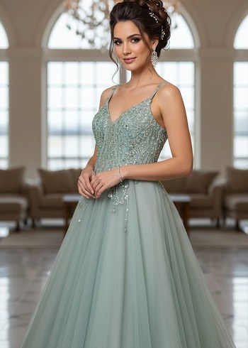 Boncuk İşlemeli V Yaka Uzun Gri Abiye Elbise - Görsel 2