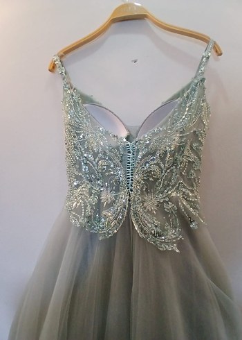 Boncuk İşlemeli V Yaka Uzun Gri Abiye Elbise - Görsel 5