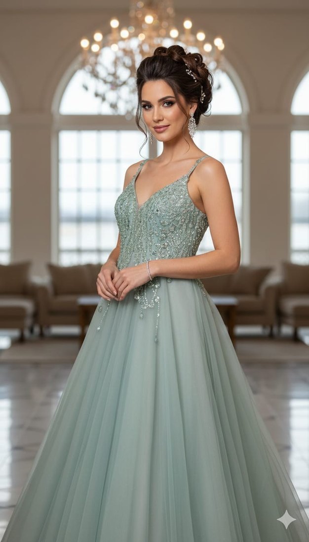 Boncuk İşlemeli V Yaka Uzun Gri Abiye Elbise - Görsel 2