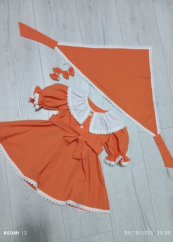 12-18 Ay Beden Nakışlı Dantelli Turuncu Kız Elbisesi