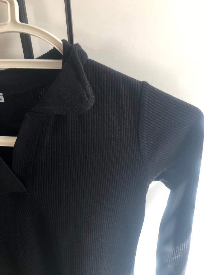 Siyah V Yakalı Uzun Kollu Triko Elbise - Görsel 3