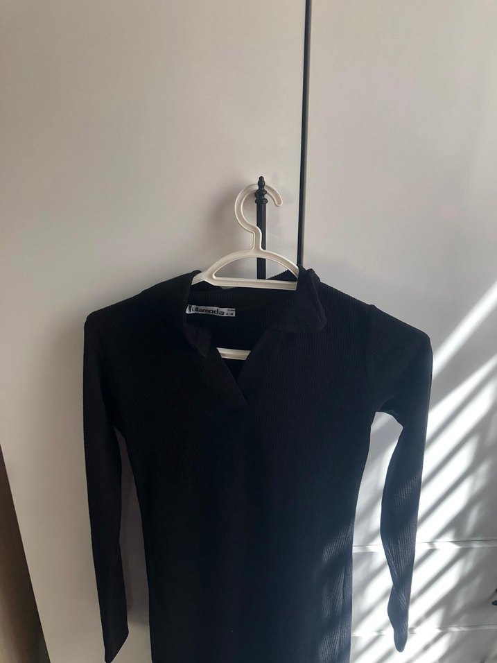 Siyah V Yakalı Uzun Kollu Triko Elbise - Görsel 2