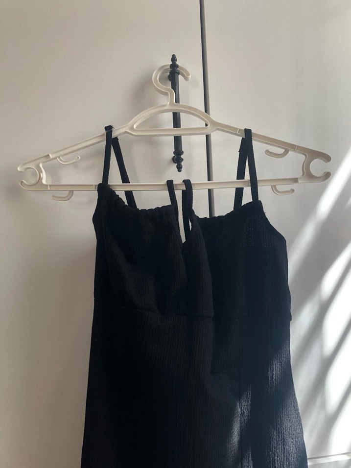 Siyah Uzun Askılı Keten Elbise - Görsel 3