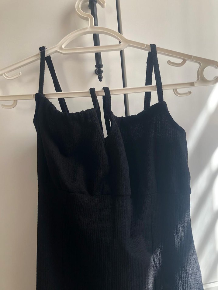 Siyah Uzun Askılı Keten Elbise - Görsel 2