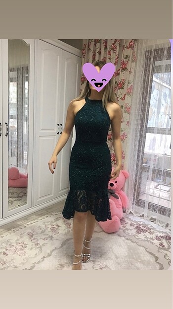 Halter yaka midi dantel elbise