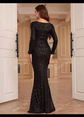 Siyah Pul Payetli Uzun V Yaka Abiye Elbise - Görsel 4