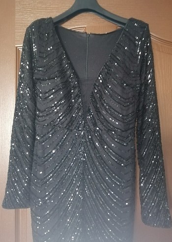 Siyah Pul Payetli Uzun V Yaka Abiye Elbise - Görsel 8