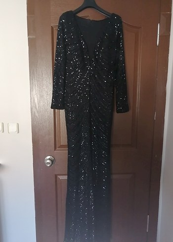 Siyah Pul Payetli Uzun V Yaka Abiye Elbise - Görsel 9