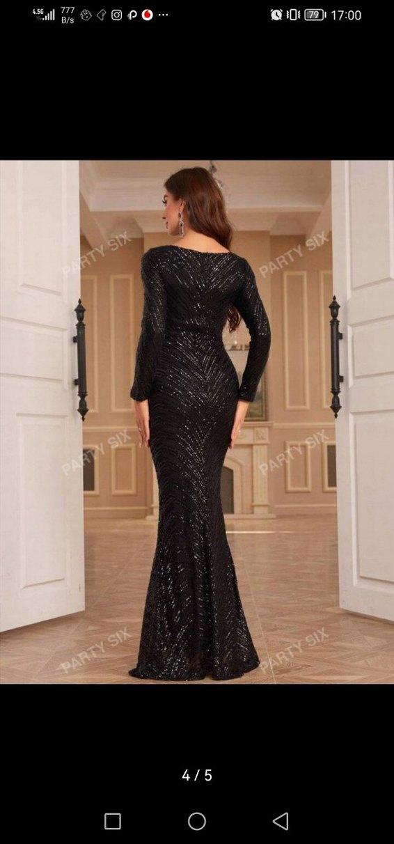 Siyah Pul Payetli Uzun V Yaka Abiye Elbise - Görsel 4