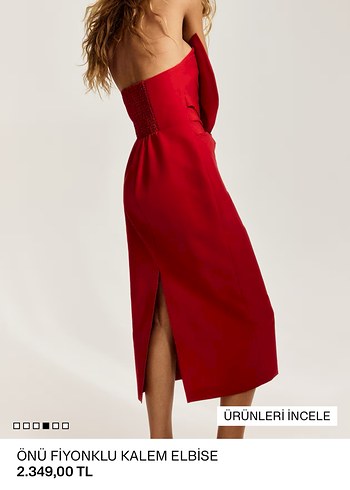 H&M Kırmızı Drapeli Straplez Kalem Elbise